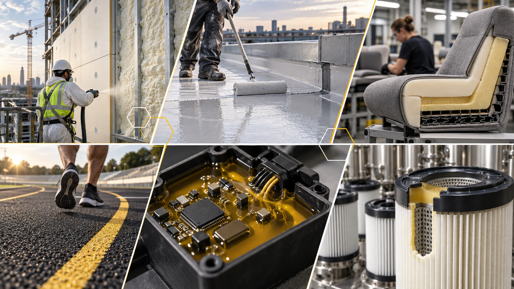 Six MCPU industries: spray foam insulation on a building, roof coating application, furniture foam assembly, a polyurethane running track, potted electronics and industrial filter cartridges