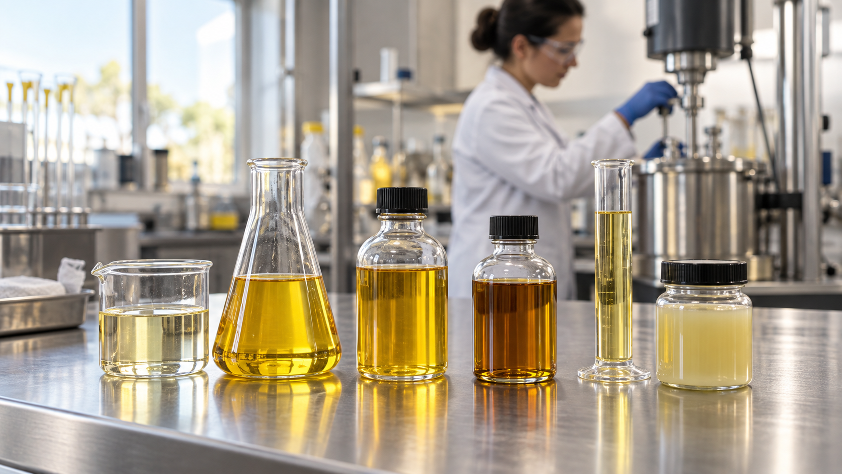 MCPU lab bench with beakers, flasks and bottles of amber polyol samples, a chemist working at a reactor in the background