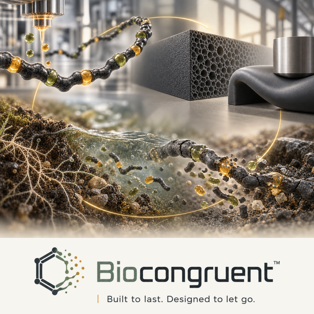 Biocongruent — Built to last. Designed to let go. Polymer chain with biocongruent units in manufacturing, in service as foam and elastomer, and breaking down in soil and water.