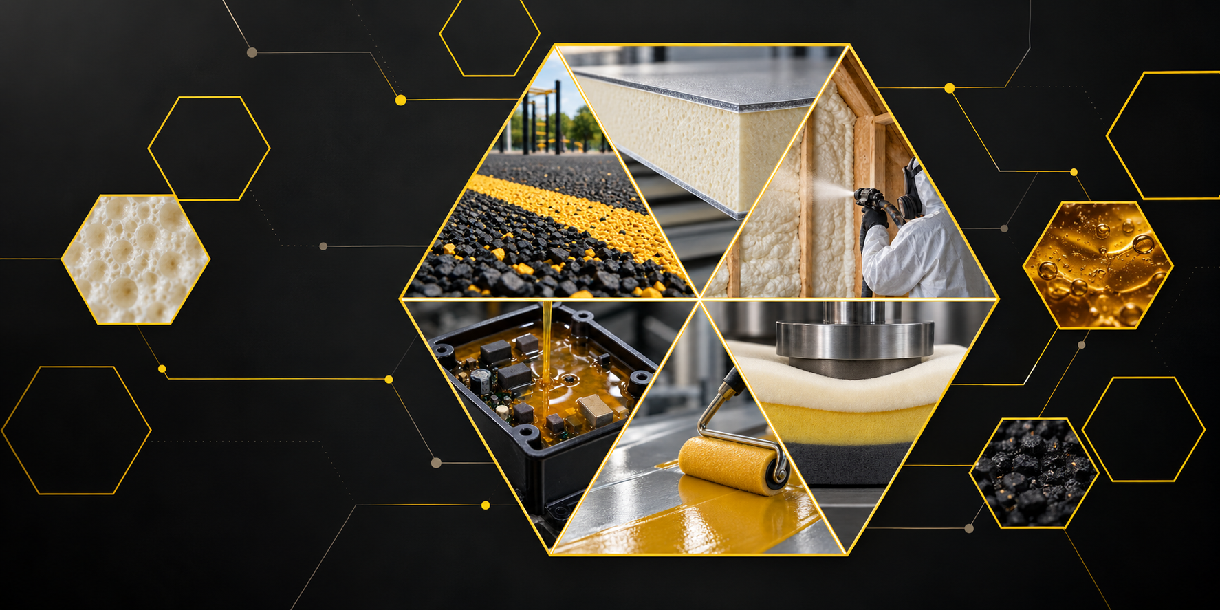 Six polyurethane applications: PIR boardstock panel, spray foam insulation, rubber-crumb athletic surfacing, potted electronics, roller-applied coating and layered flexible foams under compression