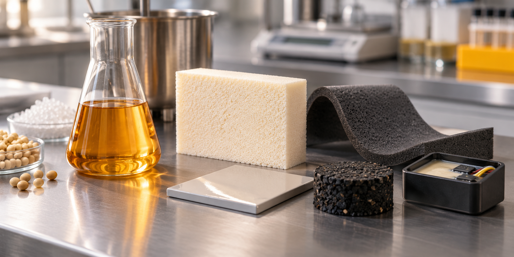 MCPU product families on a lab bench: soybeans and soy polyol in a flask, rigid foam block, viscoelastic foam, rubber-crumb binder puck, coated panel and a potted electronics module